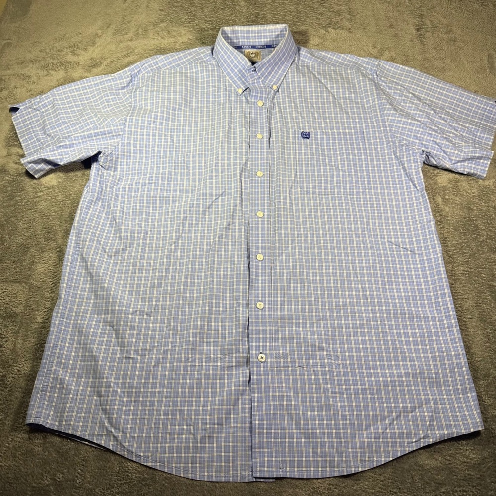 Cinch Mens Blue White Plaid Short Sleeve Button Down Western Shirt Size L